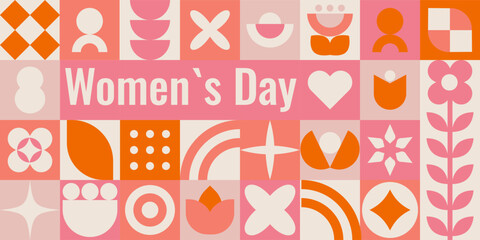 Bright geometric banner with spring and March theme. Abstract shapes and fresh colors ideal for events and social media.