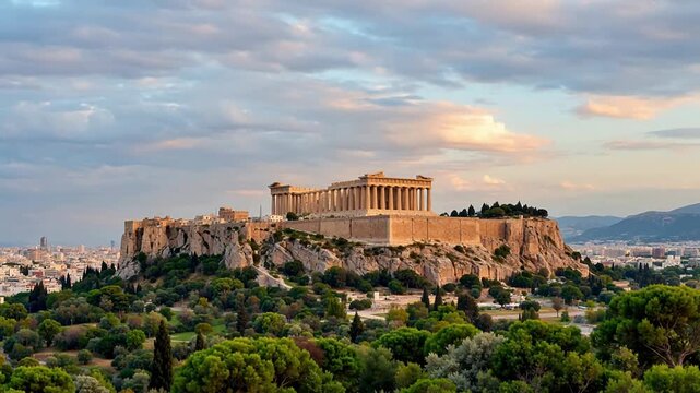 Ancient ruins atop rocky hill with cityscape