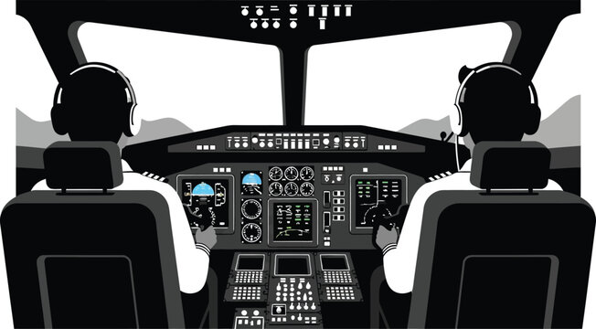 Pilot and copilot navigating through mountains in a modern aircraft cockpit