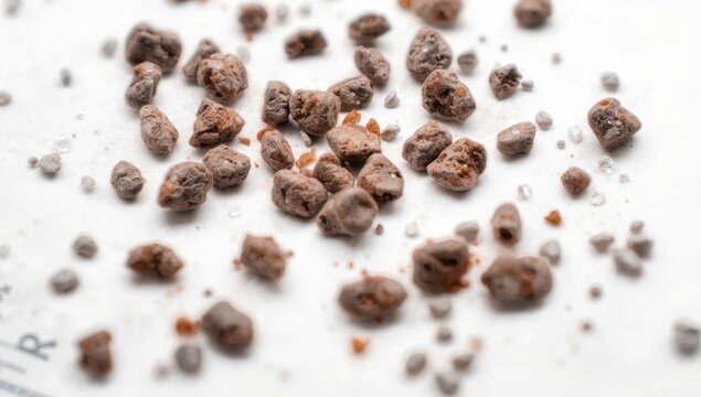 Multiple irregular brown kidney stones on a white background, with a blurred centimeter scale, measuring millimeters in size that were passed in urine