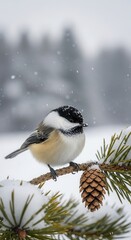 Naklejka premium Small perching bird with black cap and bib rests on a snow-dusted evergreen branch during a gentle snowfall