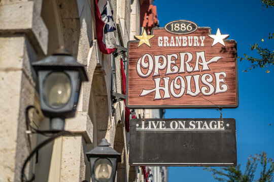 Close Up of Granbury Opera House Live on Stage Sign On Side of Theater Building on Downtown Town Square of Granbury, Texas