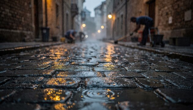 Medium frame showing the final touches on cobblestone paving in a rainy dimly lit historic lane highlighting the wet stone surface with the rest softly blurred.
