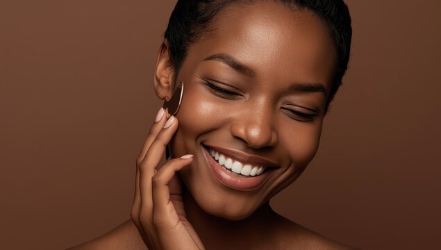 Portrait of a smiling African American woman using a gua sha tool for facial massage against a brown backdrop