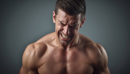 Obraz premium Fit man with back and neck pain due to poor posture, muscle spasms, and rheumatism; seeks relief through chiropractic and exercise for sports injuries