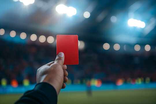A referee holds a red card in his hand. soccer, football