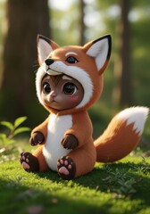 Naklejka premium Adorable cartoon child wearing a furry orange and white fox costume sits in a bright natural setting.
