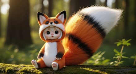 Naklejka premium Adorable small child wearing a fluffy animal costume sits peacefully in a sunlit woodland setting