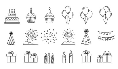 Celebration and party thin line icon set with birthday and event symbols © Najmul