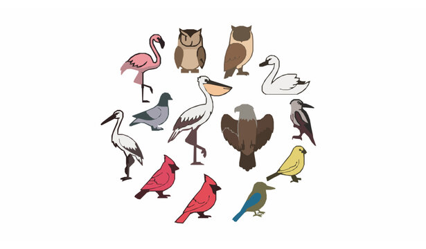 Circular bird icon vector collection in linear outline style with flamingo, owl, duck, and more