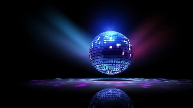 Glittering disco ball with radiant light show against dark background