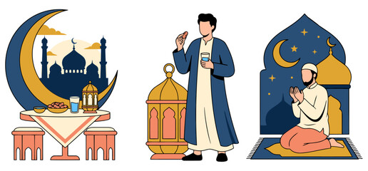 Ramadan Kareem Islamic Festival Set Mosque Crescent Moon Prayer Fasting Iftar Lantern Muslim Culture Religious Celebration flat vector illustration