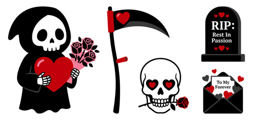 Cute Grim Reaper Valentine Love Set Skull Heart Roses Tombstone Romantic Gothic Dark Humor Holiday Symbols flat vector illustration