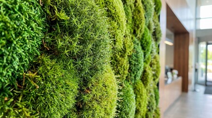 A lush green vertical garden wall in a modern indoor setting related to sustainable agriculture techniques being viewed from a close distance