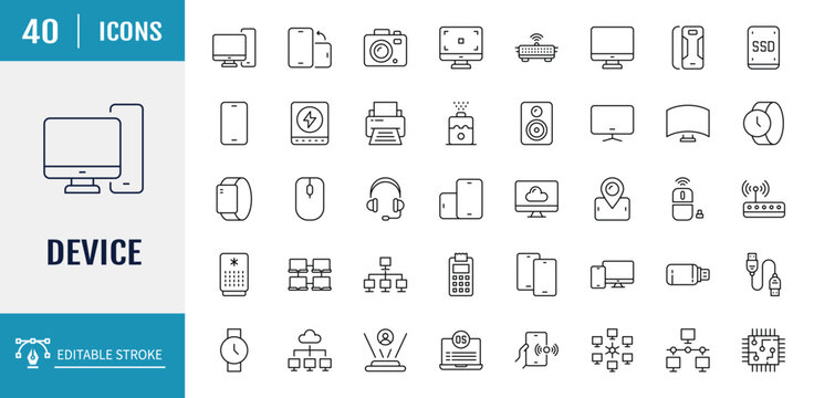 Devices Icons set. Includes computers, smart phone, watches, speaker, tablet, and more. Outline Icon Set. Editable stroke with Vector illustration