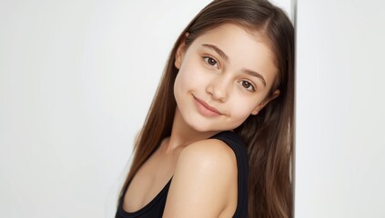 young girl in black tops against white background