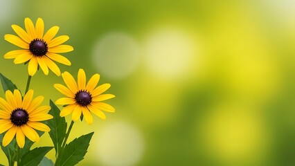 Obraz premium Yellow Black Eyed Susan Flowers on Blurred Green Background black-eyed susan yellow flowers bokeh