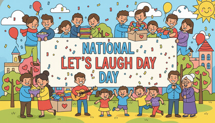 illustration of diverse people laughing together, surrounded by confetti and colorful balloons, celebrating National Let&rsquo;s Laugh Day