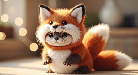 Naklejka premium Adorable small mammal peeks out from inside a fluffy orange costume resembling a wild canid