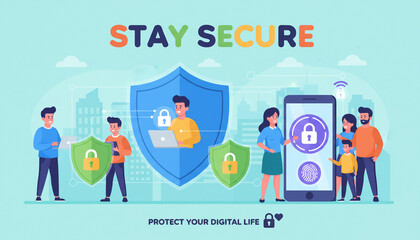 illustration of people using devices safely, shields and locks around smartphones and laptops for Safer Internet Day