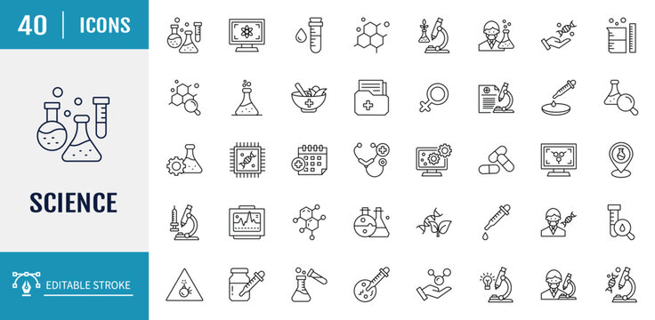 Science icon set. Includes biology, laboratory, experiment, scientist, research, physics, chemistry and more. Outline Icon Set. Editable stroke with Vector illustration
