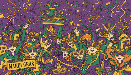  illustration of people celebrating Mardi Gras with masks, beads, and confetti