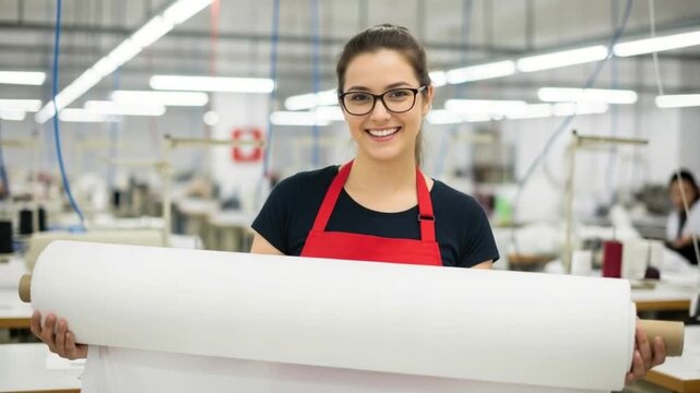 Smiling woman in red apron holding large roll of white material in factory