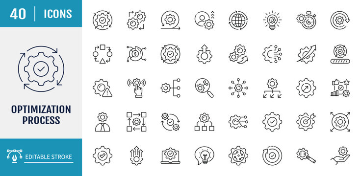 Processing Optimization Workflow icon set. Outline Icon Set. Editable stroke with Vector illustration