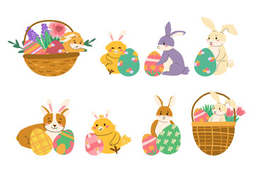 Cute Happy Easter animals set with colorful eggs. Spring chicks with bunny ears, dog with easter eggs and baskets with spring flowers. Cartoon flat illustration isolated.