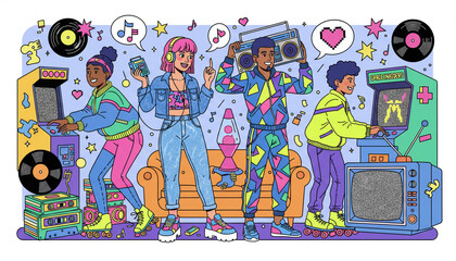 illustration of people enjoying retro fashion, cassette tapes, arcade games and vintage items for National Retro Day
