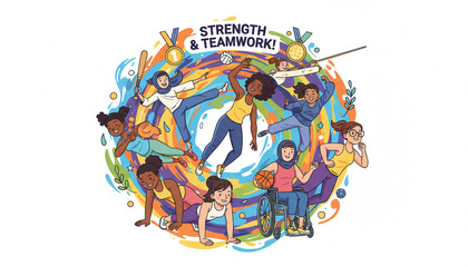 illustration of diverse girls and women playing different sports together, celebrating strength and teamwork for National Girls and Women in Sports Day