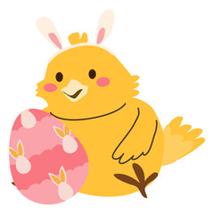 Cute chick with easter bunny ears and egg. Vector illustration isolated on white.