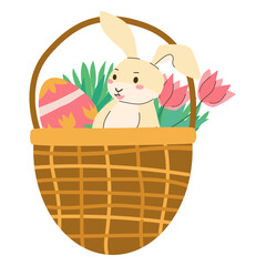 Easter basket with spring flowers and cute bunny. Cartoon flat illustration isolated. Spring basket with easter's rabbit.