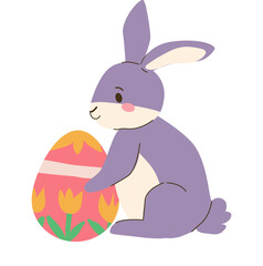 Cartoon easter bunny with easter egg. Cute rabbit in flat style isolated on transparent background.