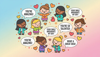 illustration of diverse people giving compliments to each other with speech bubbles for World Compliment Day