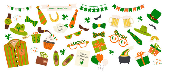 St. Patrick's Day cartoon vector elements set. Ireland holiday symbols and icons. Hat with clover, cloth, pot with gold, gifts and leprechaun costume. St. Patrick Day vector illustration isolated.