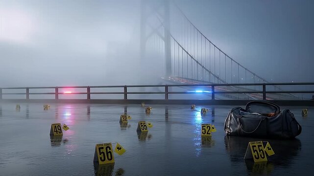 Suspenseful Crime Scene Police Investigation Bridge Fog