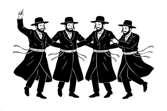 A group of four Jewish men in traditional black coats and hats dancing together. Minimalist black and white vector line art for celebration, religion, and community concepts.