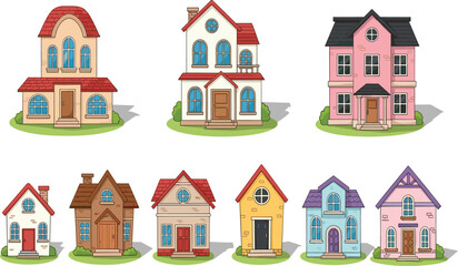 Colorful cartoon houses collection with unique architecture, roofs, windows, and doors in vector style for residential building design illustrations