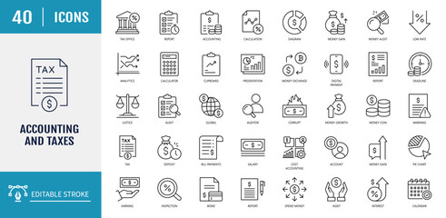 Accounting and taxes Icon set. Outline Icon Set. Editable stroke with Vector illustration