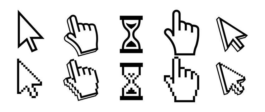 Collection of computer mouse cursors and pointers including arrow, hand pointer, and hourglass loading icons in vector style