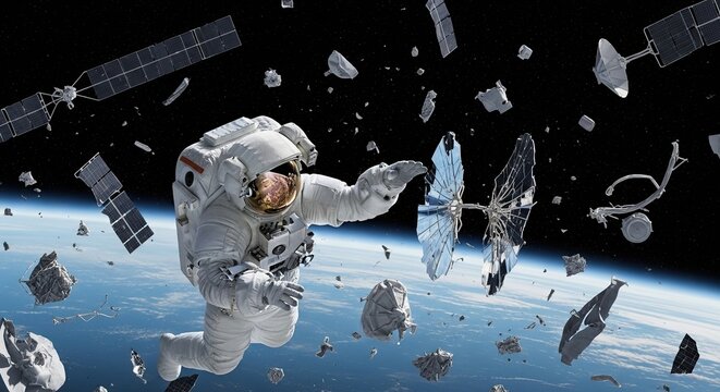 Astronaut floating in space surrounded by debris near Earth orbit