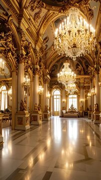 Grand opulent ballroom interior with ornate golden decor and crystal chandeliers