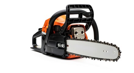 A close-up of an orange and black chainsaw on a white background