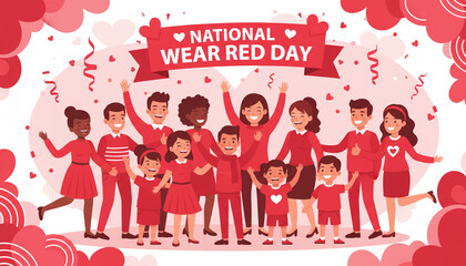illustration of diverse people wearing red outfits together, celebrating National Wear Red Day