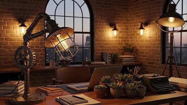 Cozy industrial-loft style office interior with vintage lamps, a laptop on a wooden desk, and a rustic brick wall.
