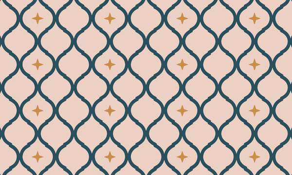 Elegant seamless vector pattern showcasing a classic Moroccan ogee lattice in deep teal and blush pink, highlighted by repeating golden four-pointed stars.