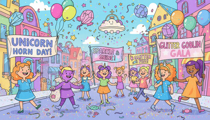 illustration of people creating and celebrating a custom holiday, holding banners, balloons, and confetti for Make Up Your Own Holiday Day