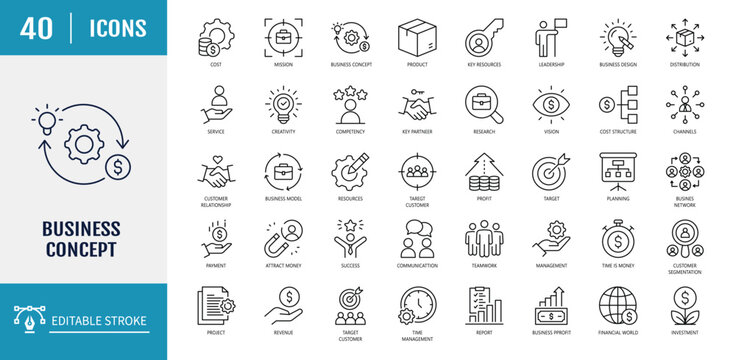 Business concept icon set. Includes services, products, revenue, distribution, core value, cost, management and more. Outline Icon Set. Editable stroke with Vector illustration