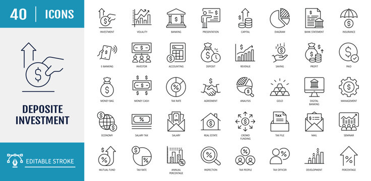 Deposite investment Icon set. Outline Icon Set. Vector illustration with Editable stroke